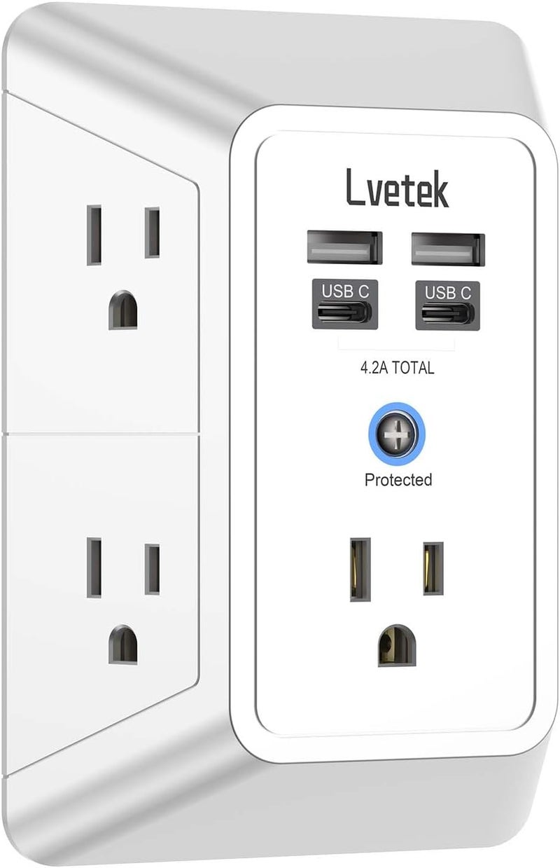 Lvetek Outlet Extender, Surge Protector Outlet with 5-Multi Plug Outlet and 4 USB Ports(2 USB C), 3-Sided 1680J Power Strip Wall Charger, Multiple-Plug Outlet Splitter for Home Travel Office,ETL Listed,White - Image 1